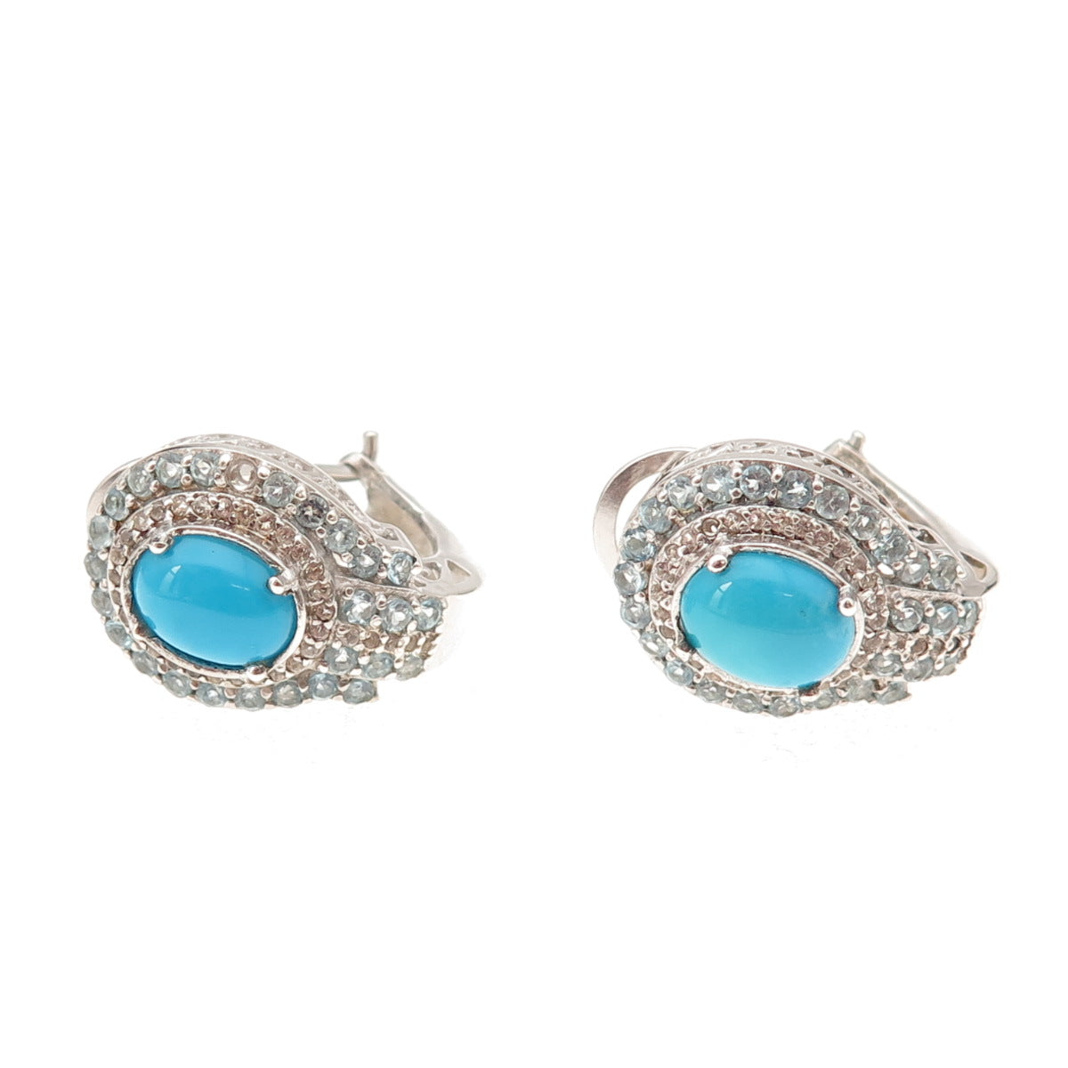 Chuck Clemency Sterling Real Turquoise Blue & White Topaz Omega Back Earrings