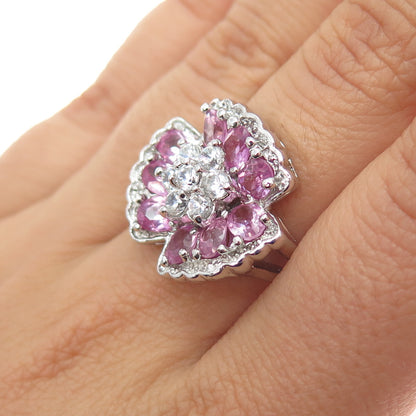 925 Sterling Silver Real Pink Topaz & C Z Flower Ring Size 7.25