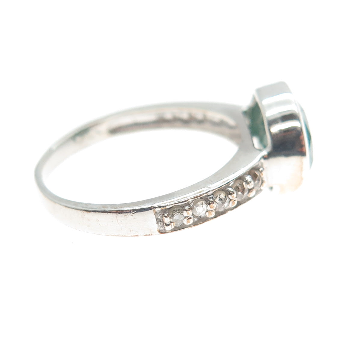 925 Sterling Silver Real Round-Cut Diamond & Oval-Cut Emerald Ring Size 7.75