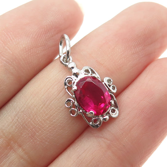 925 Sterling Silver Vintage Lab-Created Ruby July Birthstone Minimalist Pendant