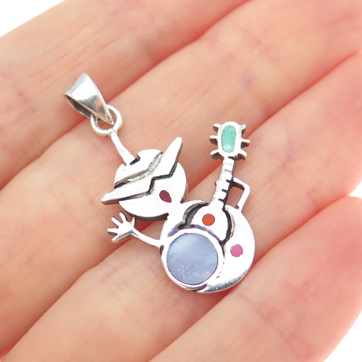 925 Sterling Silver Vintage Enamel Snowman Guitar Musician Charm Pendant