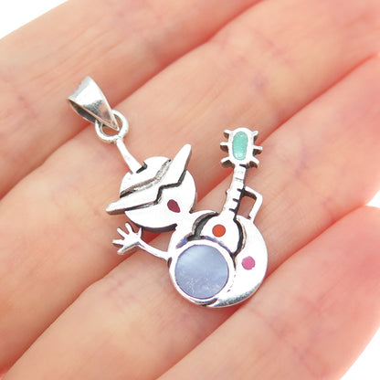 925 Sterling Silver Vintage Enamel Snowman Guitar Musician Charm Pendant
