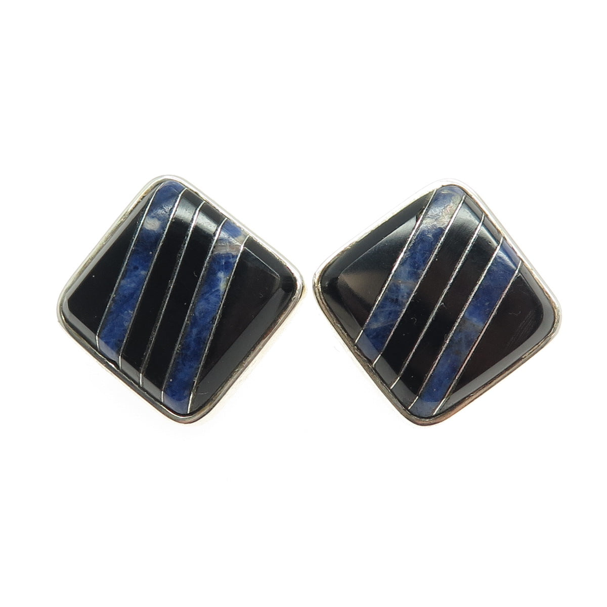 925 Sterling Silver Vintage Mexico Real Sodalite & Black Onyx Clip On Earrings