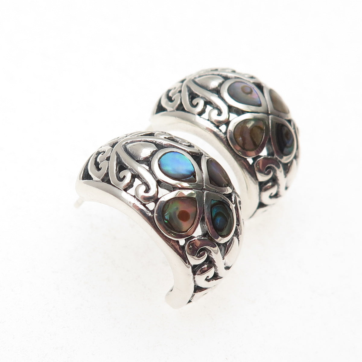 SX Sally C Sterling Silver Vintage Real Abalone Shell Floral Oxidized Earrings