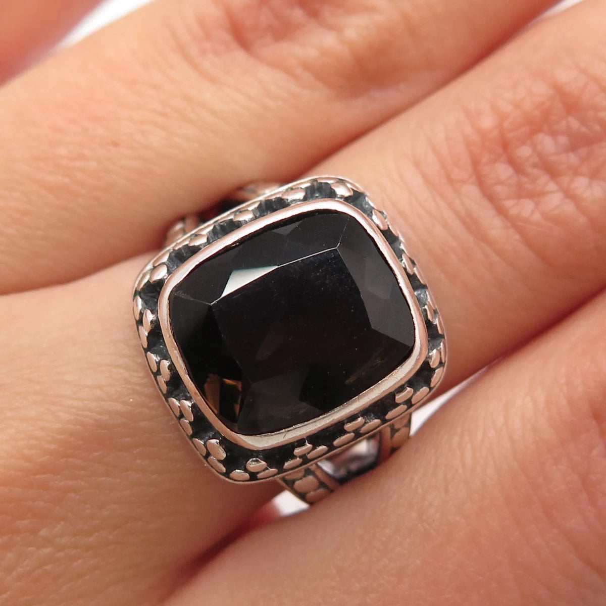 925 Sterling Silver Vintage Real Smoky Quartz Dots Ring Size 7.25