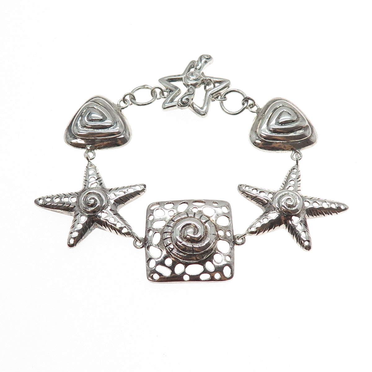 925 Sterling Silver Vintage Seashell Starfish Sea Life Charm Bracelet 6.75"
