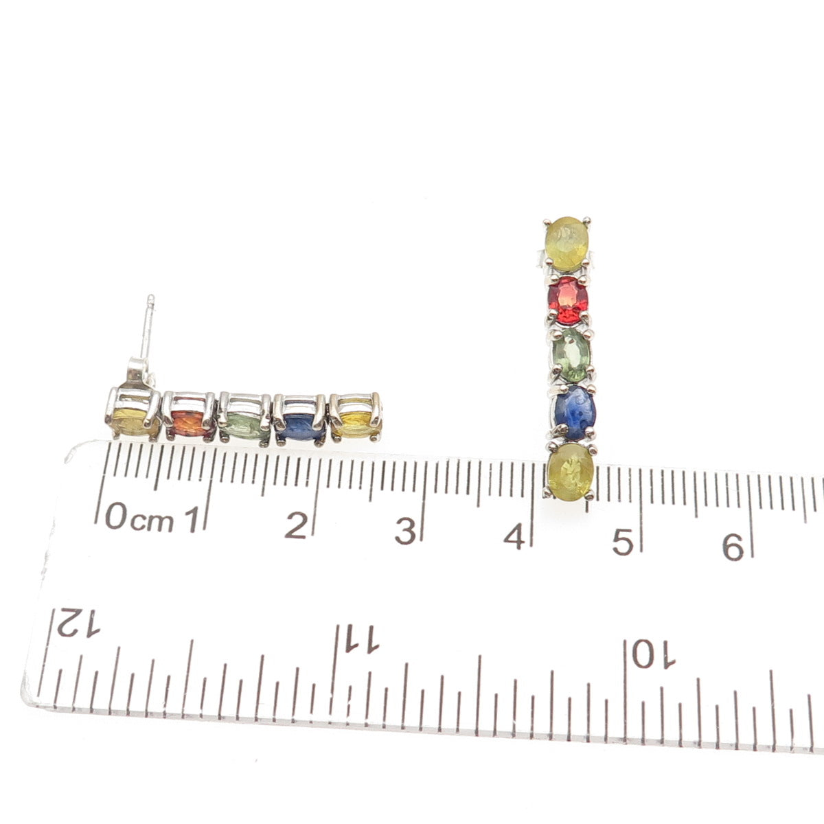 925 Sterling Silver Real Oval-Cut Multi-Color Sapphire Bar Earrings