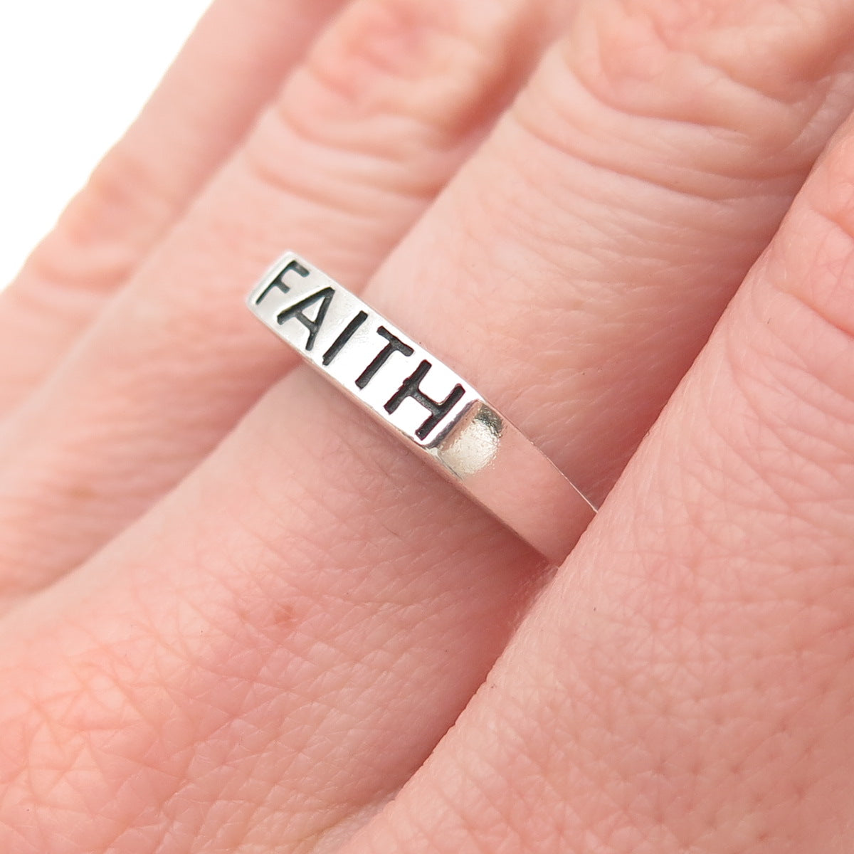 925 Sterling Silver Vintage Faith Bar Ring Size 7
