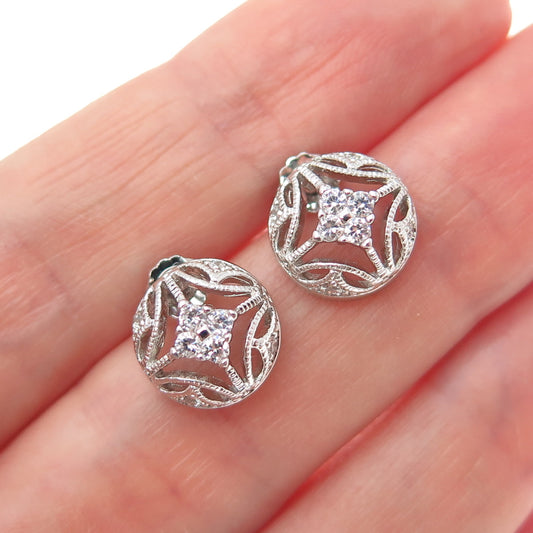 925 Sterling Silver Round-Cut C Z Ornate Stud Earrings