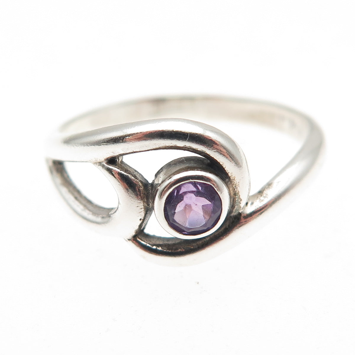 925 Sterling Silver Vintage Real Amethyst Modernist Swirl Oxidized Ring Size 8