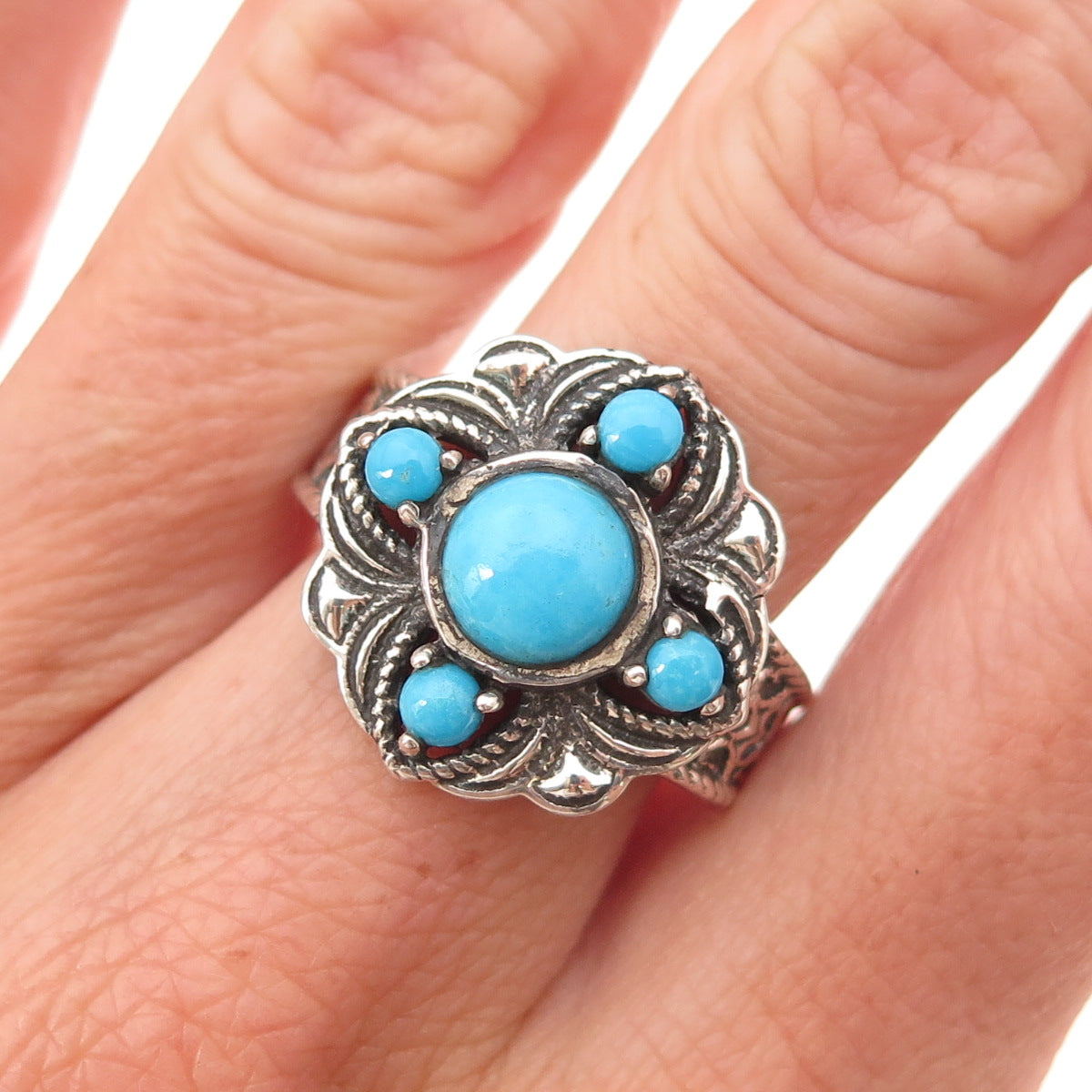925 Sterling Silver Real Sleeping Beauty Turquoise Oxidized Ring Size 8.25