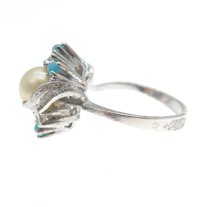 925 Sterling Silver Vintage Real Pearl Faux Turquoise & C Z Ring Size 6.5