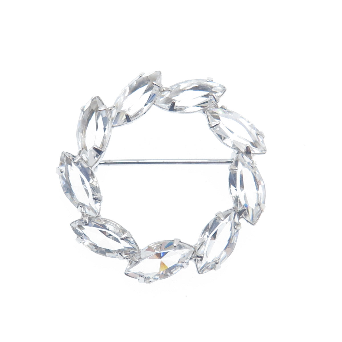 925 Sterling Silver Antique Art Deco CD Marquise-Cut Rhinestone Circle Brooch