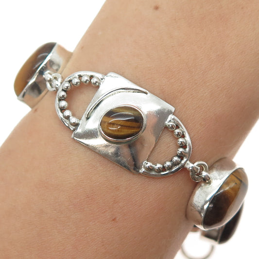 925 Sterling Silver Vintage Real Tiger Eye Modernist Link Bracelet 6-6.75"