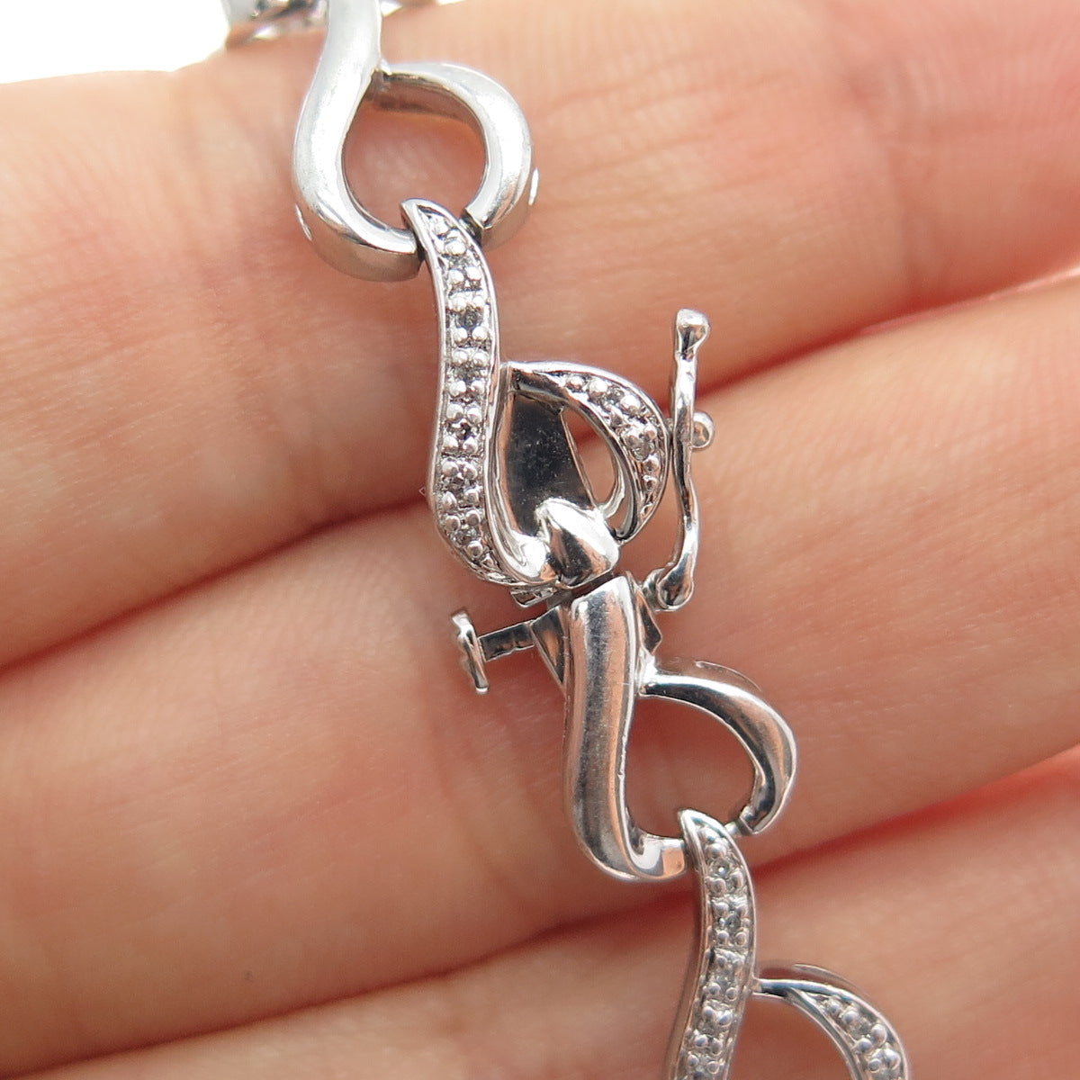 SUN 925 Sterling Silver Real Round-Cut Diamond Heart Link Bracelet 7"