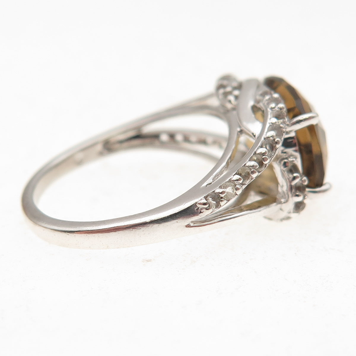925 Sterling Silver Real Smoky Quartz & White Topaz Ring Size 7.25