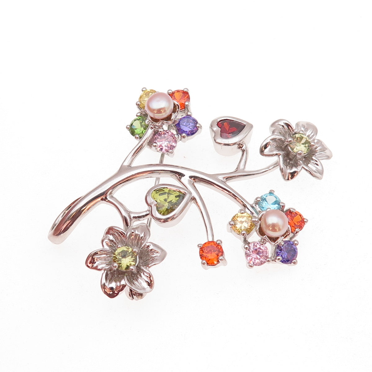 925 Sterling Silver Real Pearl & Multi-Color C Z Floral Pendant