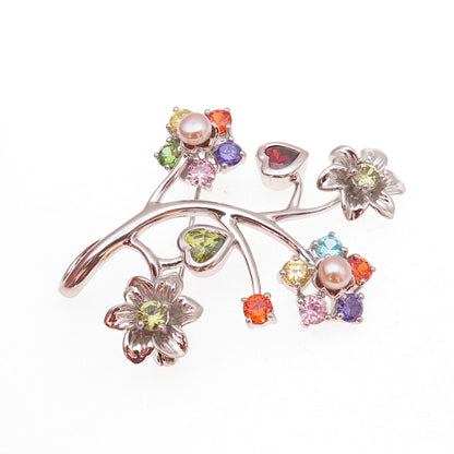 925 Sterling Silver Real Pearl & Multi-Color C Z Floral Pendant
