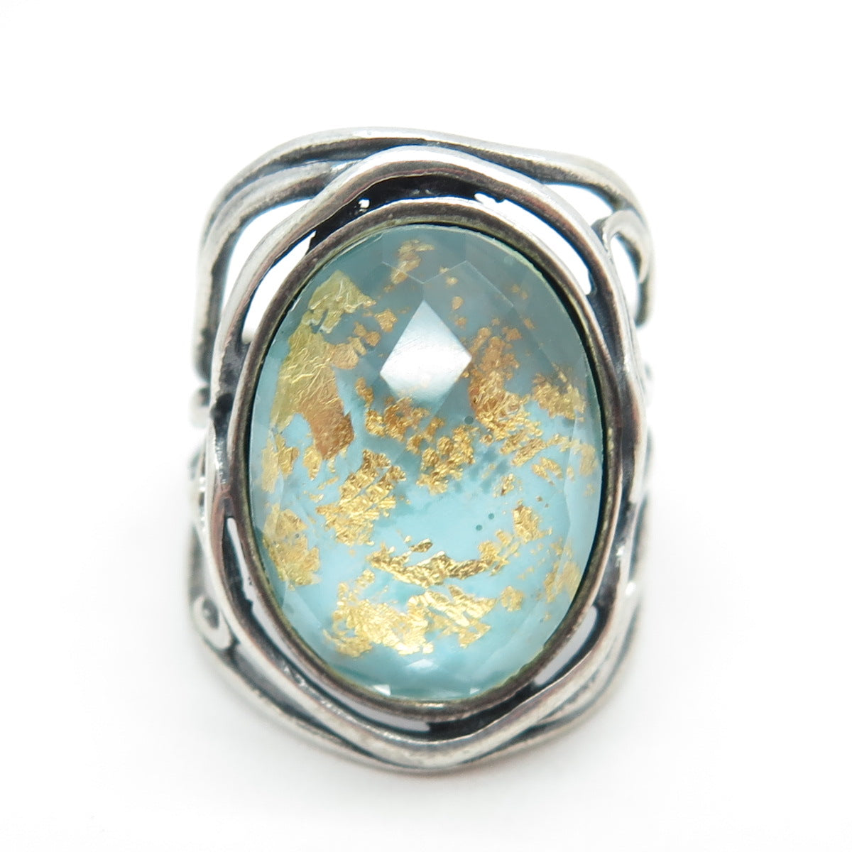 DIDAE Sterling Silver Vintage Israel Doublet Gold Leaf Turquoise Ring Size 7.25