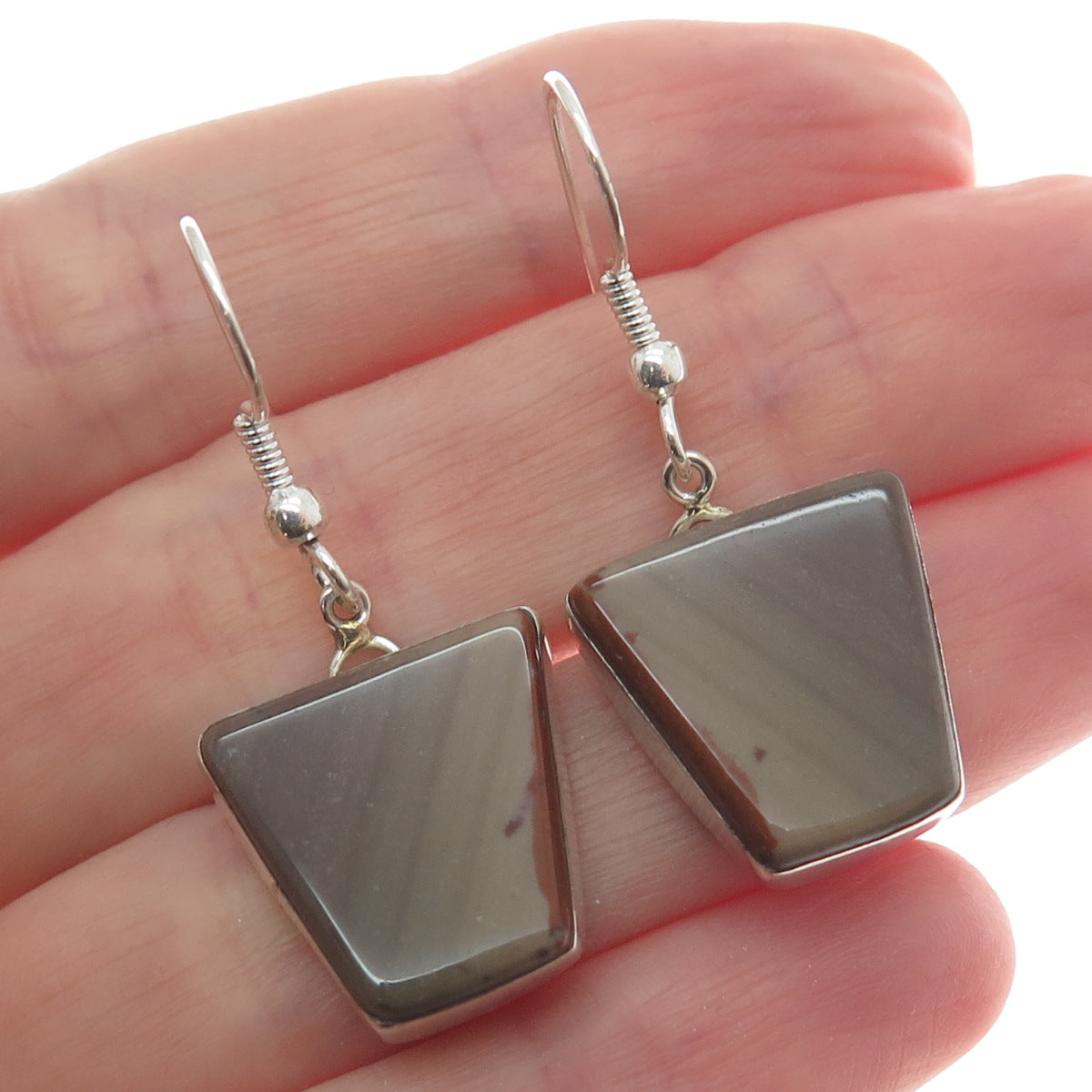 925 Sterling Silver Vintage Real Jasper Modernist Dangle Earrings