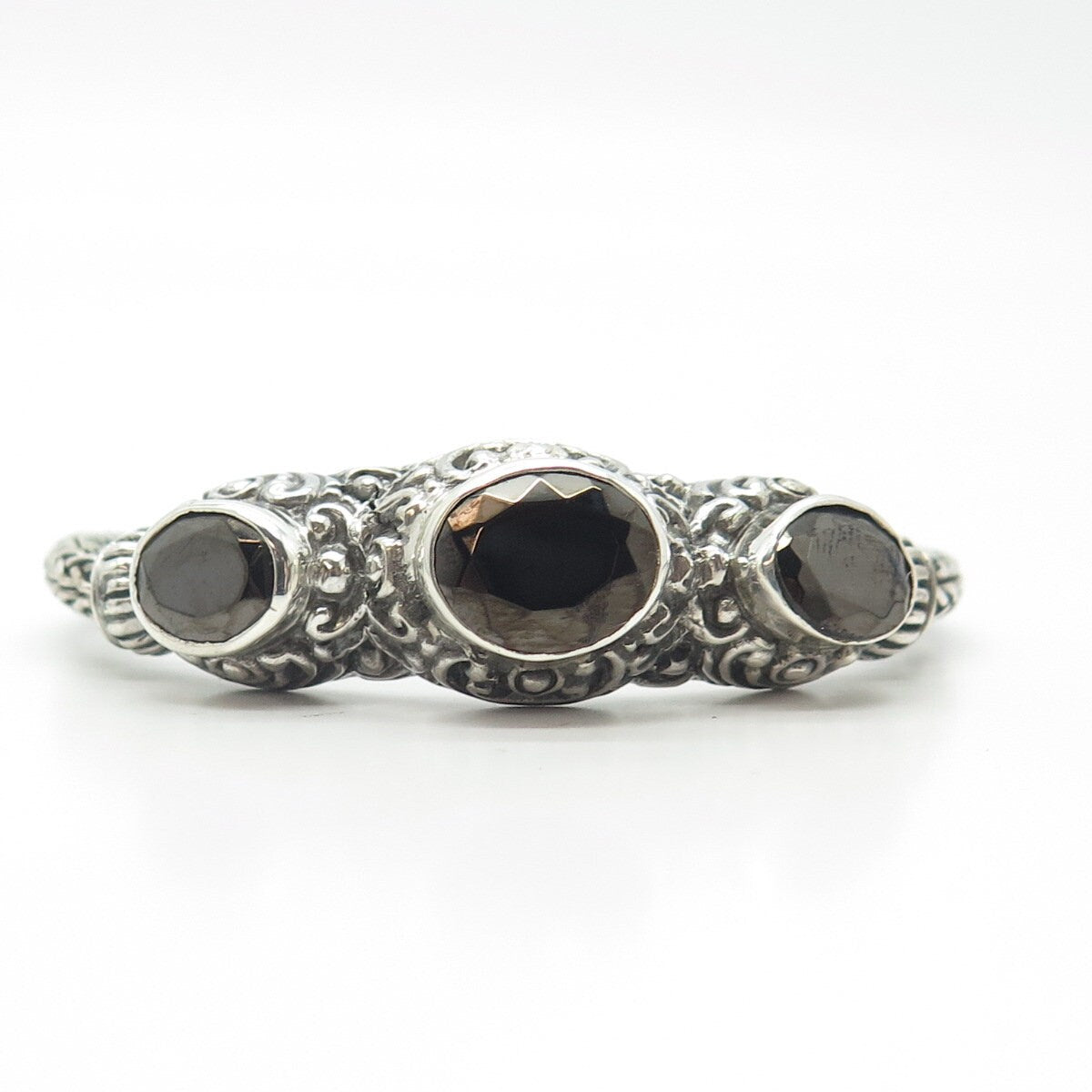 925 Sterling Silver Vintage Real Black Spinel Gem 3-Stone Scroll Bracelet 6"