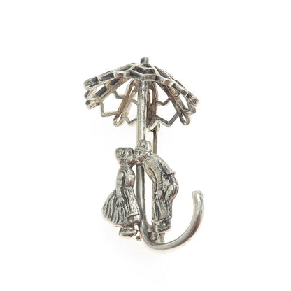 925 Sterling Silver Antique Art Deco Couple Under Umbrella Pin Brooch
