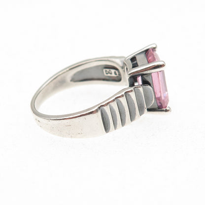 925 Sterling Silver Vintage Emerald-Cut Pink C Z Oxidized Ring Size 7