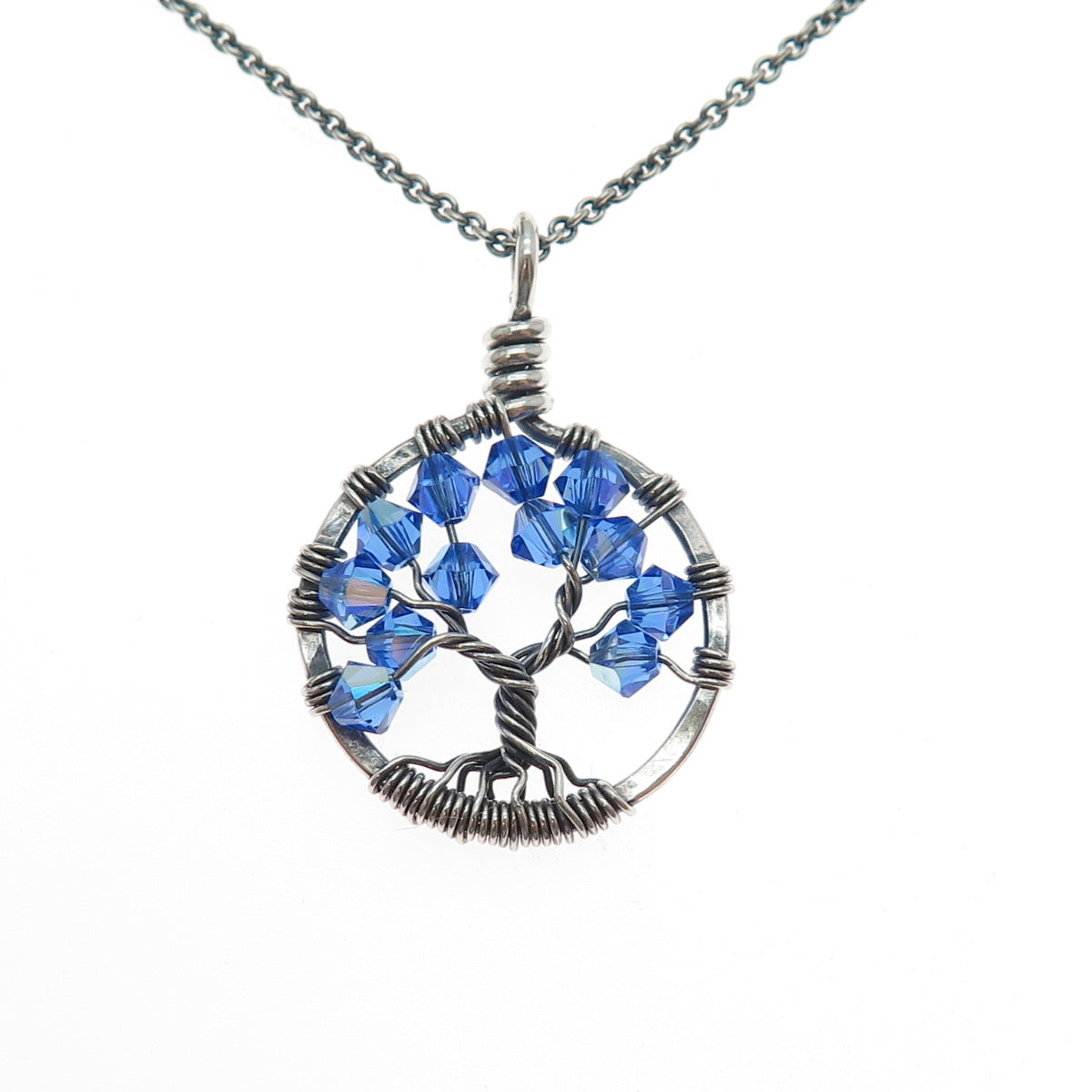 Treasure Trove Sterling Silver Vintage Blue Crystal Tree of Life Necklace 22"