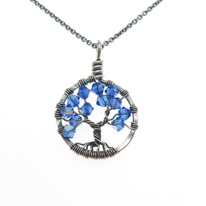 Treasure Trove Sterling Silver Vintage Blue Crystal Tree of Life Necklace 22"