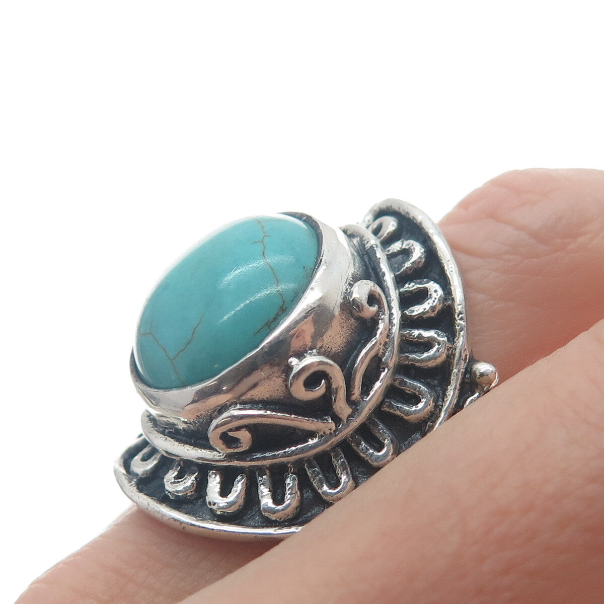 925 Sterling Silver Vintage Real Mountain Turquoise Sun Oxidized Ring Size 10.25