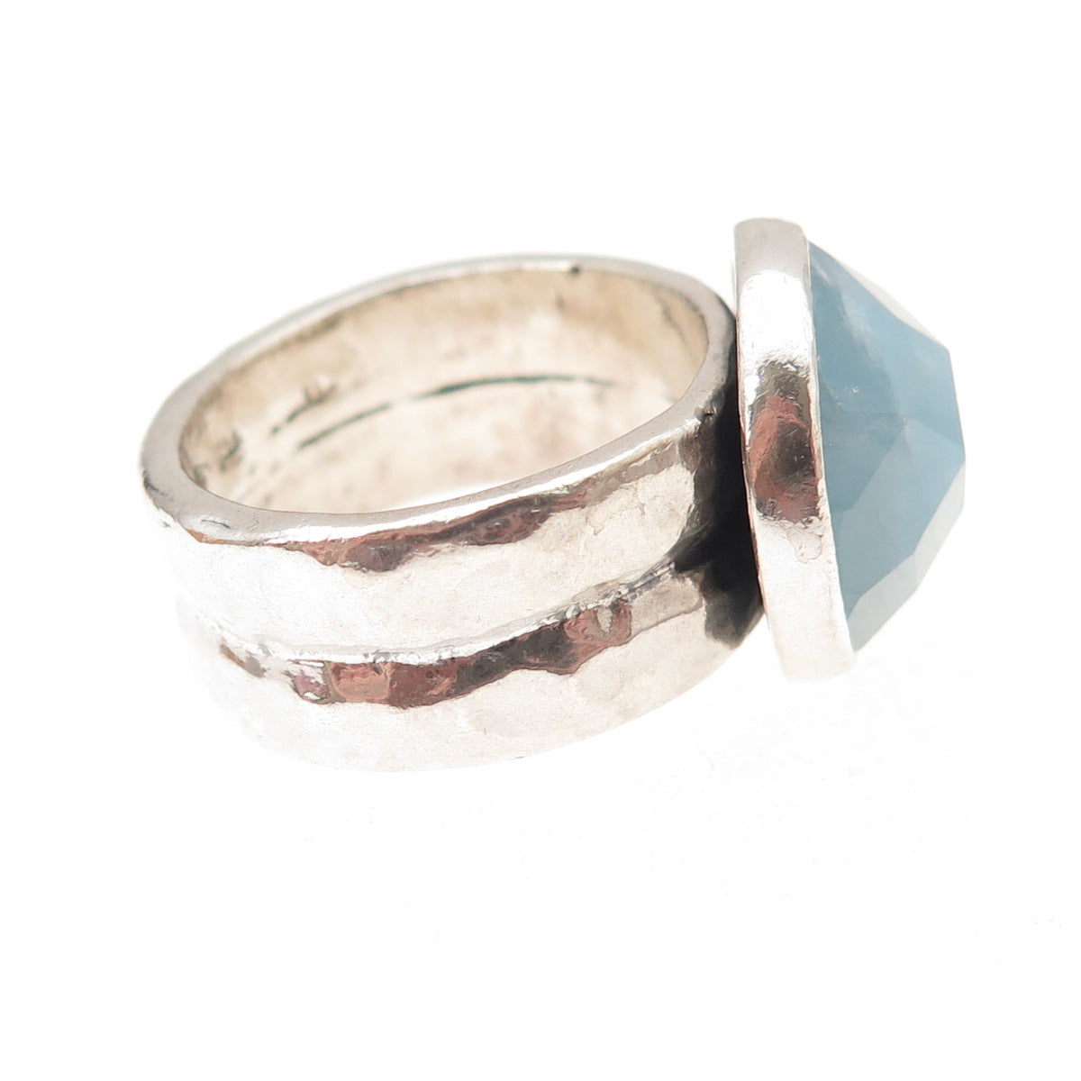 925 Sterling Silver Vintage Real Milky Aquamarine Modernist Oxidized Ring Size 9
