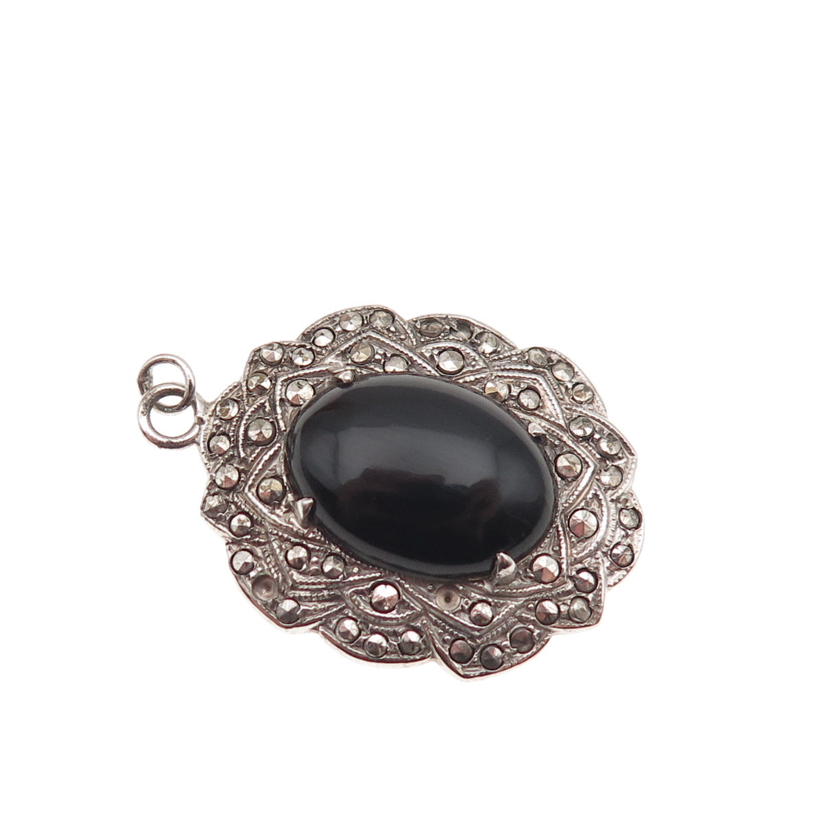 925 Sterling Silver Antique Real Black Onyx Marcasite Pendant (missing 3 stones)