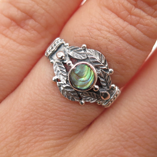 925 Sterling Silver Vintage Real Abalone Shell Floral Leaf Oxidized Ring Size 6