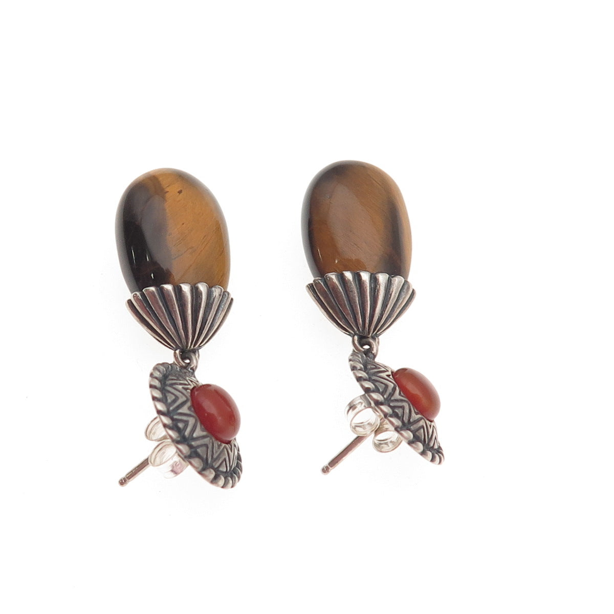 Carolyn Pollack 925 Sterling Vintage Real Tiger Eye & Carnelian Dangle Earrings
