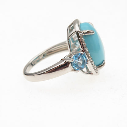 925 Sterling Silver Real Tyrone Turquoise Blue & White Topaz Ring Size 8