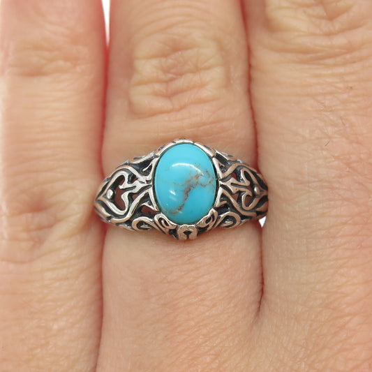 SHUBE 925 Sterling Silver Vintage Real Turquoise Gemstone Ornate Ring Size 5.25