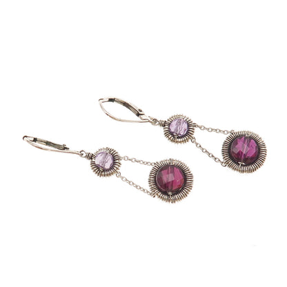 Atelier 925 Sterling Silver Vintage Real Rhodolite & Amethyst Dangle Earrings