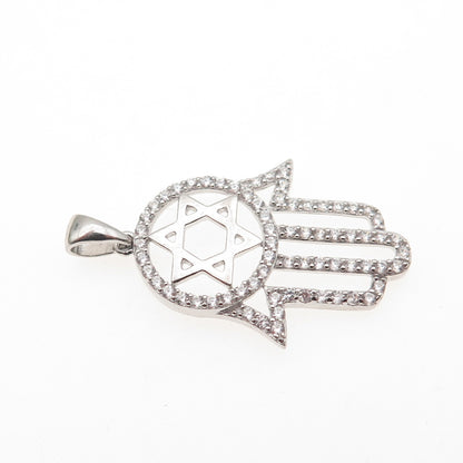 925 Sterling Silver Round-Cut C Z Star of David Hamsa Amulet Charm Pendant