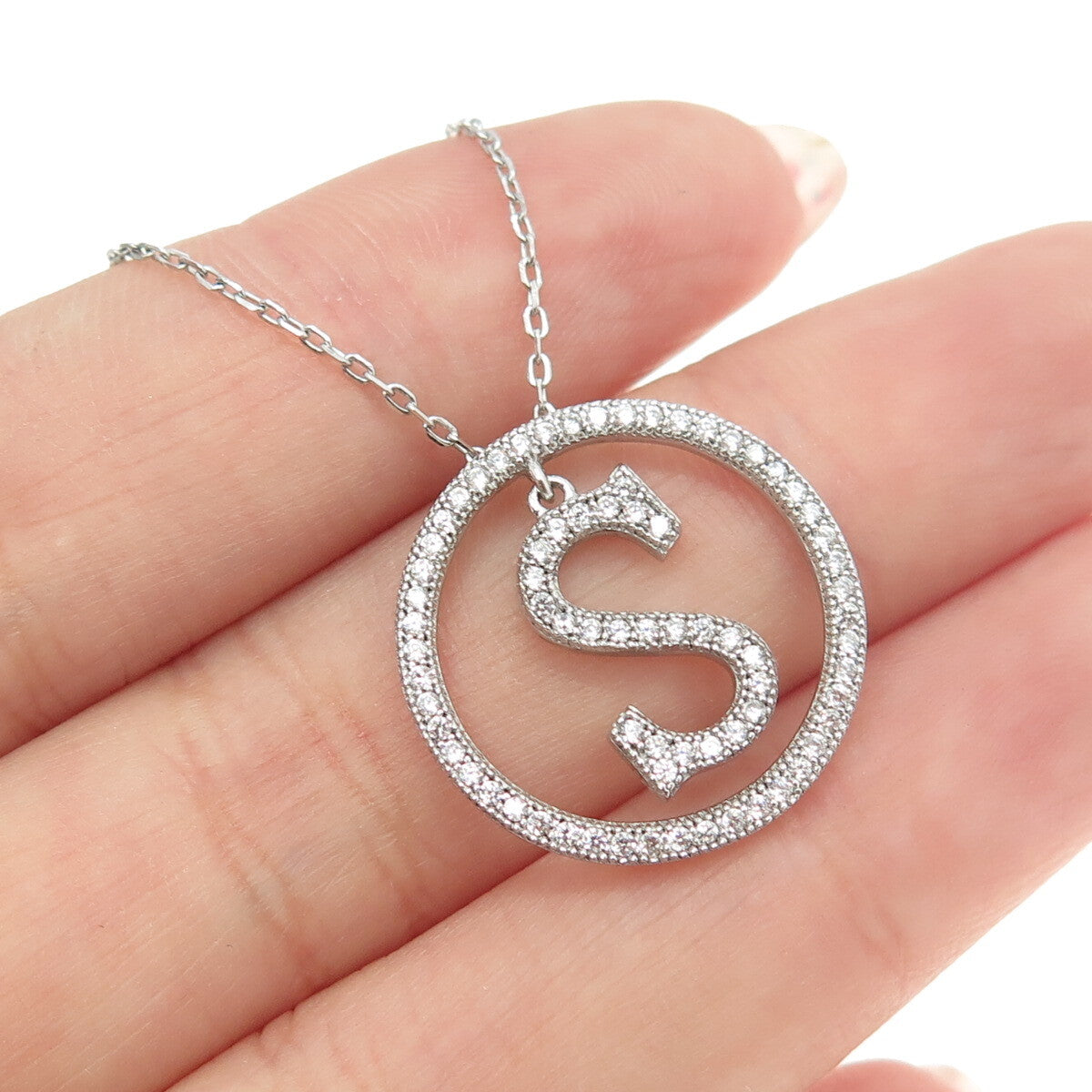 925 Sterling Silver Round-Cut C Z Letter "S" Initial Cable Chain Necklace 16-18"