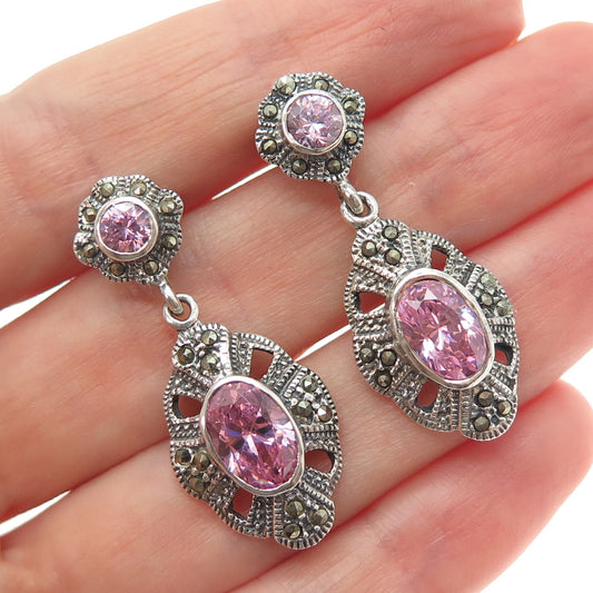 925 Sterling Silver Vintage Real Marcasite & Pink C Z Oxidized Dangle Earrings