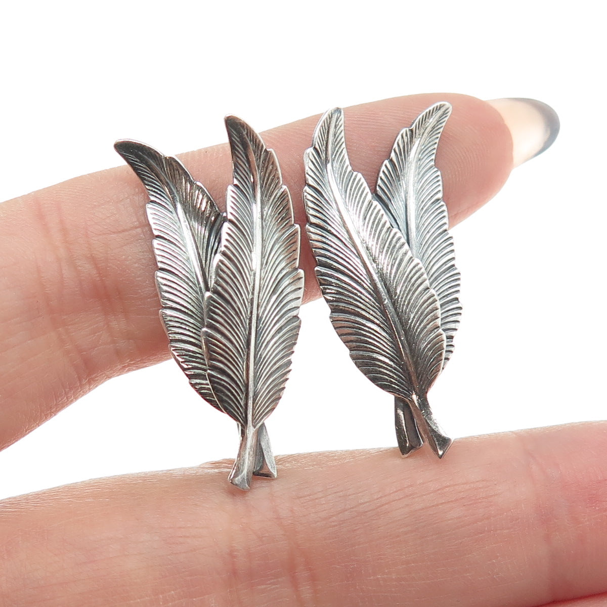 BEAU 925 Sterling Silver Antique Art Deco Feather Screw Back Earrings