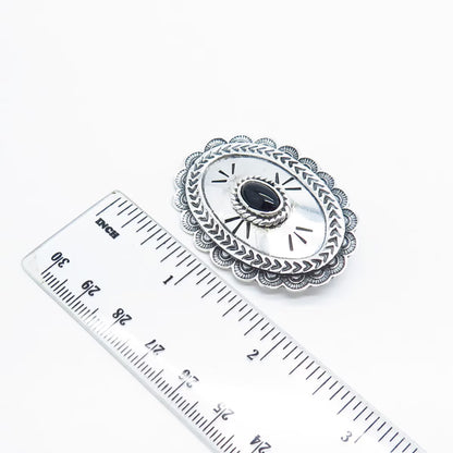 925 Sterling Silver Vintage Mexico Real Black Onyx Gemstone Ornate Pin Brooch