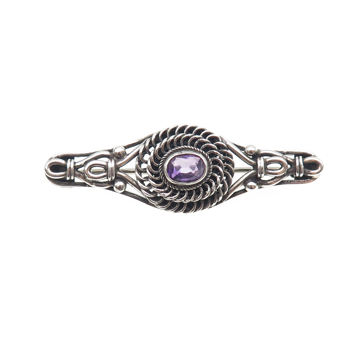 925 Sterling Silver Vintage Real Oval-Cut Amethyst Oxidized Pin Brooch