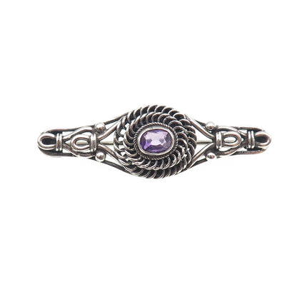 925 Sterling Silver Vintage Real Oval-Cut Amethyst Oxidized Pin Brooch
