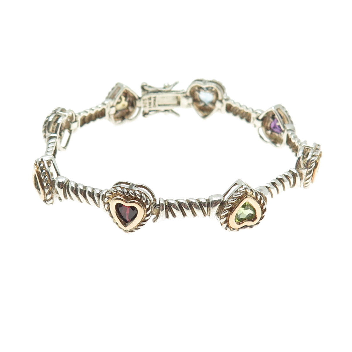 ROSS SIMONS 925 Sterling Silver 14K Gold Real Multi-Gem Heart Link Bracelet 6.5"