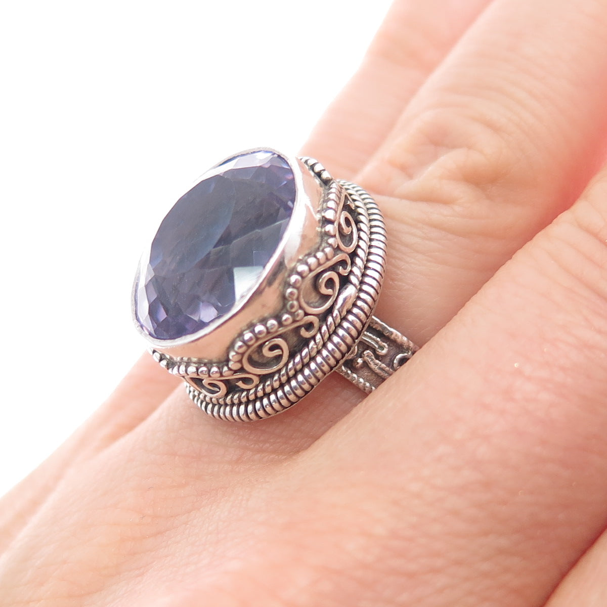 925 Sterling Silver Vintage Real Amethyst Swirl Granulated Ring Size 5.75