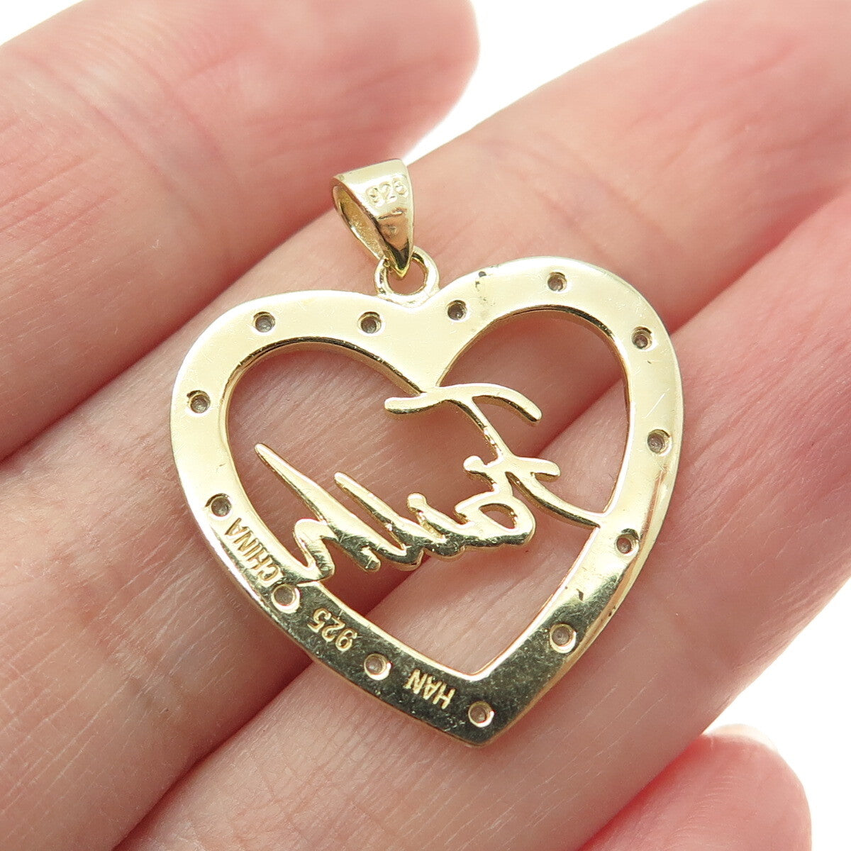 HAN 925 Sterling Silver 2-Tone Real Round-Cut Diamond "Faith" Heart Pendant