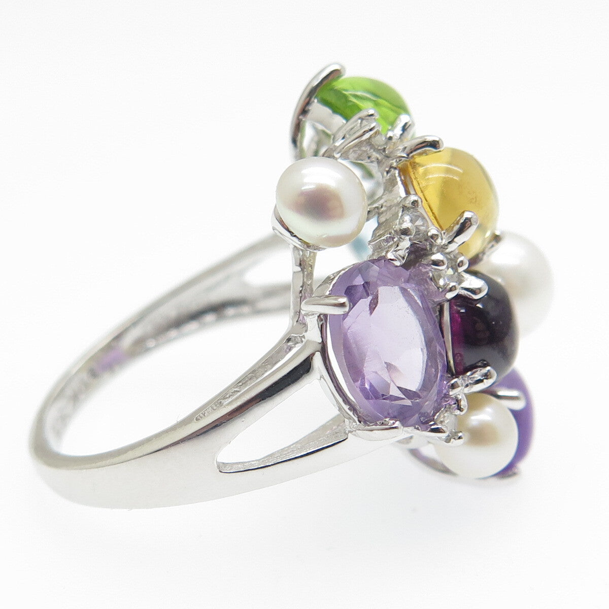 925 Sterling Silver Diamond Pearl Amethyst Citrine Peridot & Topaz Ring Size 7.5