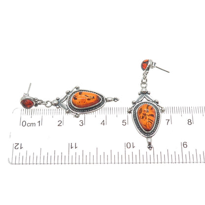 925 Sterling Silver Vintage Real Amber Modernist Floral Oxidized Dangle Earrings