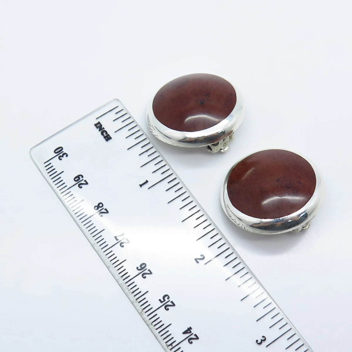 925 Sterling Silver Vintage Antonio Hdez Taxco Real Jasper Clip On Earrings